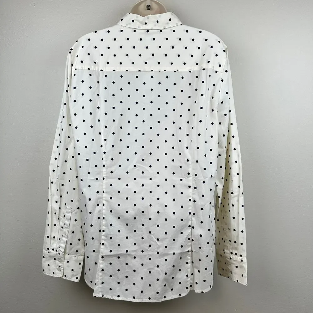 NEW J. Crew Blouse Top Button Front Polka Dot Cream Navy Large Preppy Office